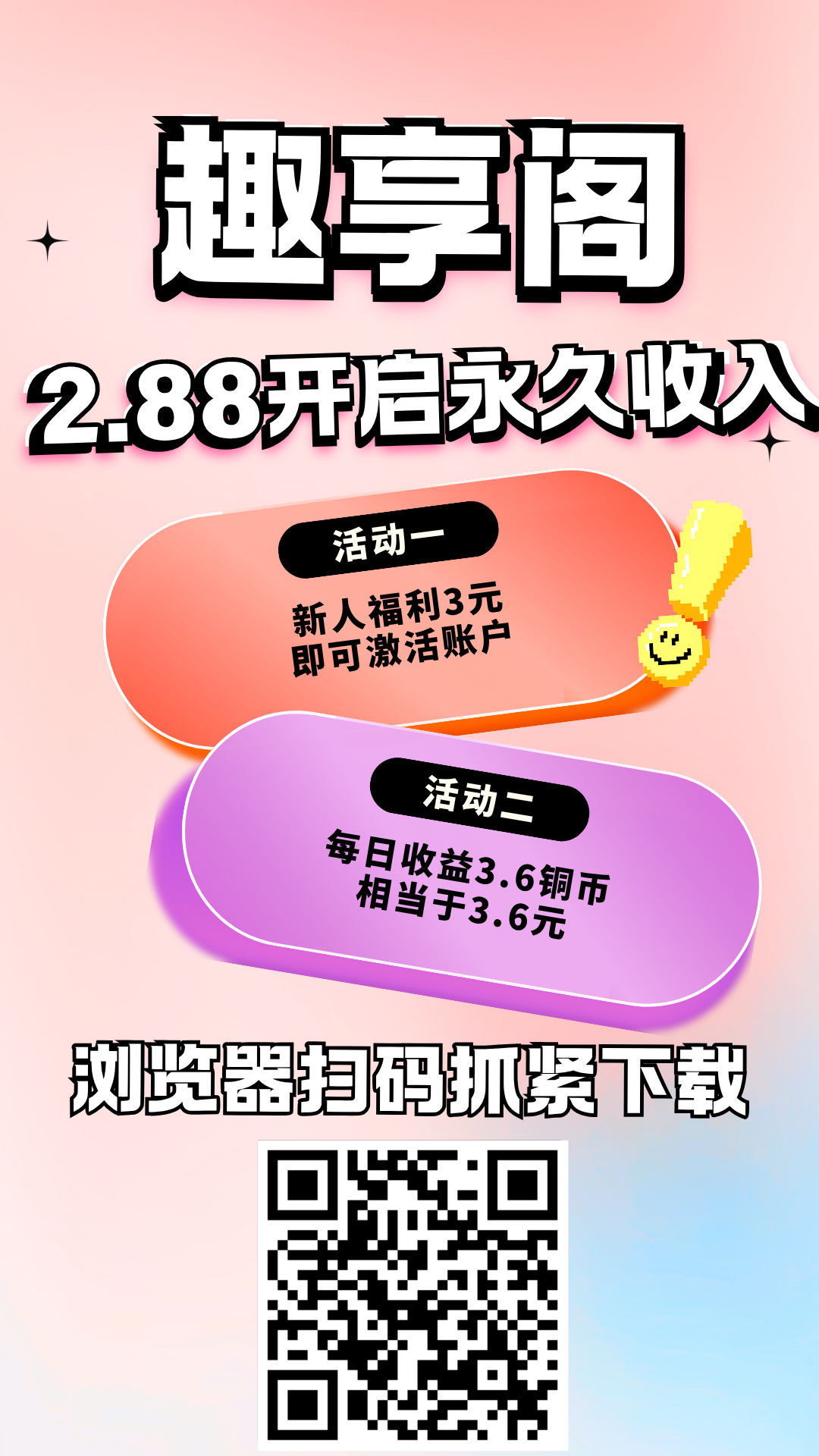 刚出趣享阁，仅支付2.88米，每日无广3.6米，提现秒到账